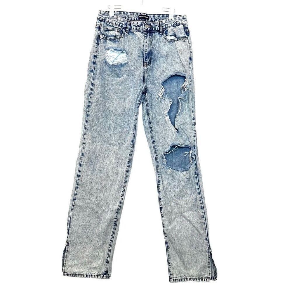 Pretty Little Thing Acid Wash Distressed Side Slit Ankle Jeans Light Blue Sz 12